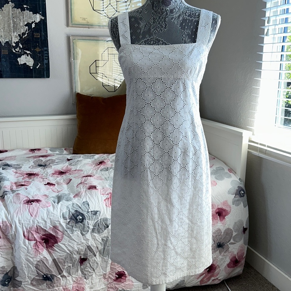 Vintage Y2K Ron Leal Floral Embroidery Eyelet Pattern, Square neck, midi dress